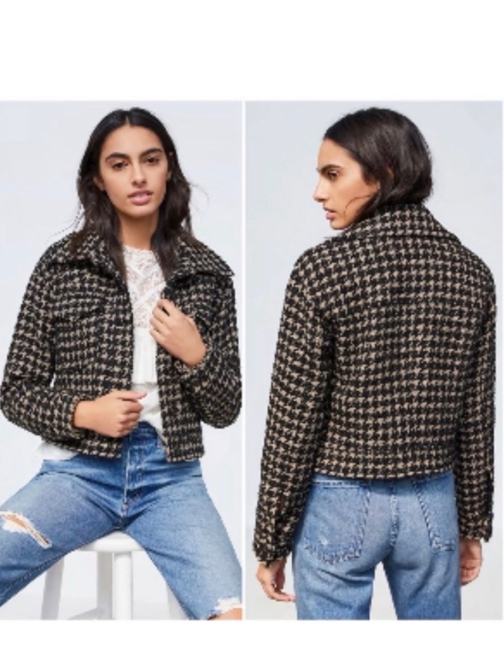 Avec Les Filles Lea Houndstooth Shimmer Cropped Jacket in Tan/Black Small